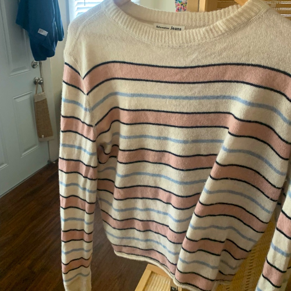 REFORMATION Cashmere Serenade Striped Cream Pink Sweater
